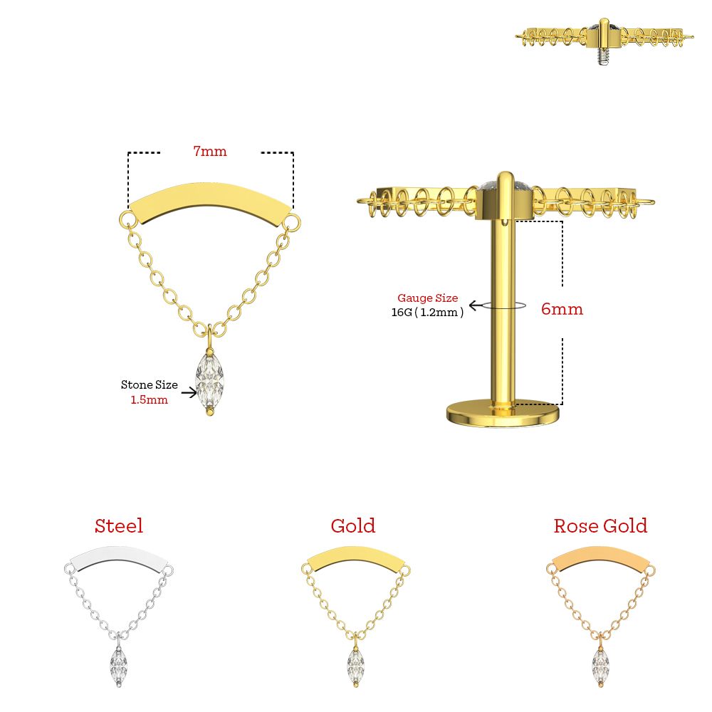 316L Surgical Steel Chain with Marquise CZ Dangle Hidden Helix Flatback Stud - Monster Piercing