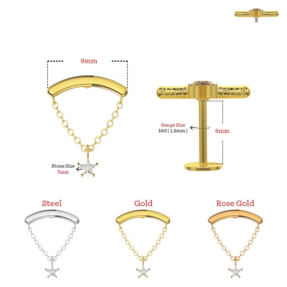 316L Surgical Steel Chain with Star CZ Dangle Hidden Helix Flatback Stud - Monster Piercing