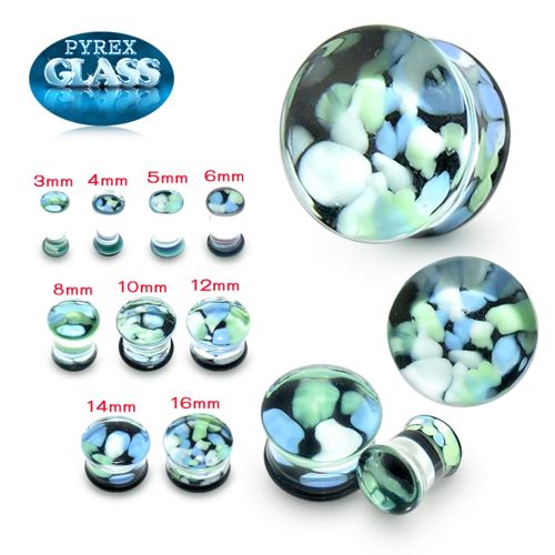 Pyrex Glass Marine & Black Pebble Ear Plug in various sizes from 3mm to 16mm, featuring colorful pebble pattern for body jewelry collection.