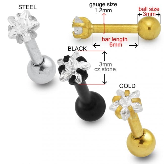 316L Surgical Steel Tragus Bar with Clear Star Gem Top Stud - Monster Piercing