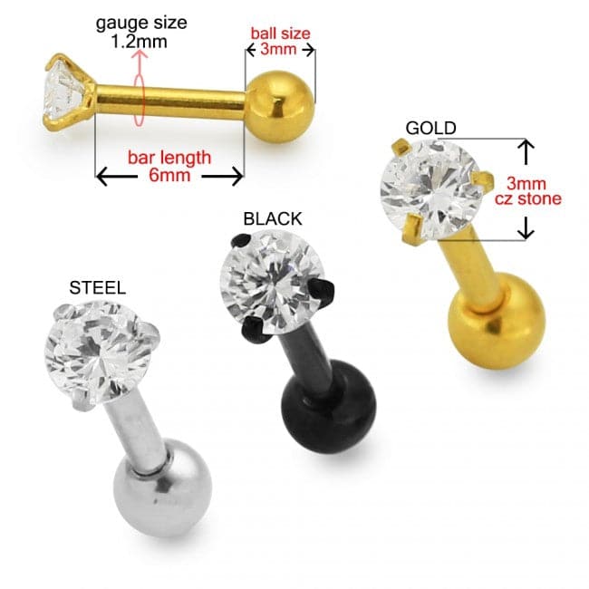 316L Surgical Steel Tragus Bar with Clear Round Gem Top Stud - Monster Piercing