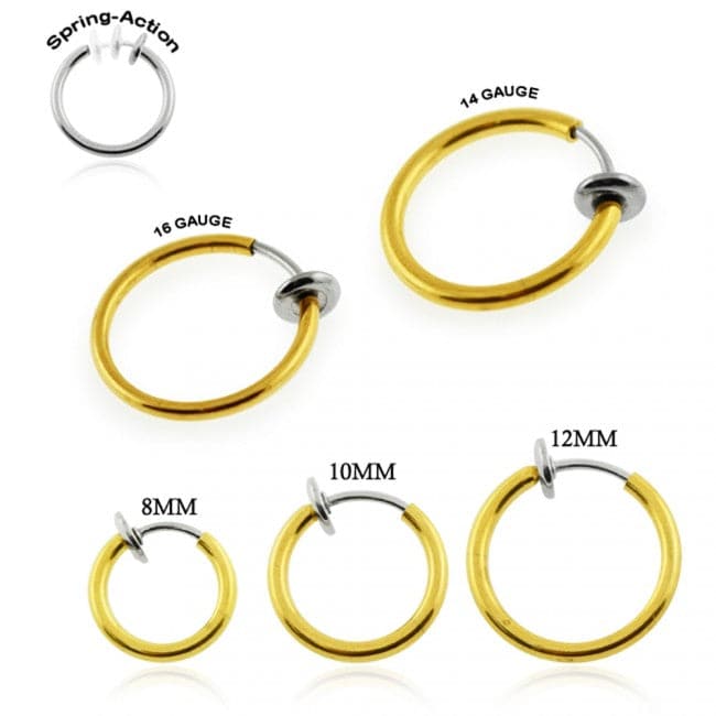 316L Surgical Steel Spring Action Gold Fake Body Jewellery Nose Hoop - Monster Piercing