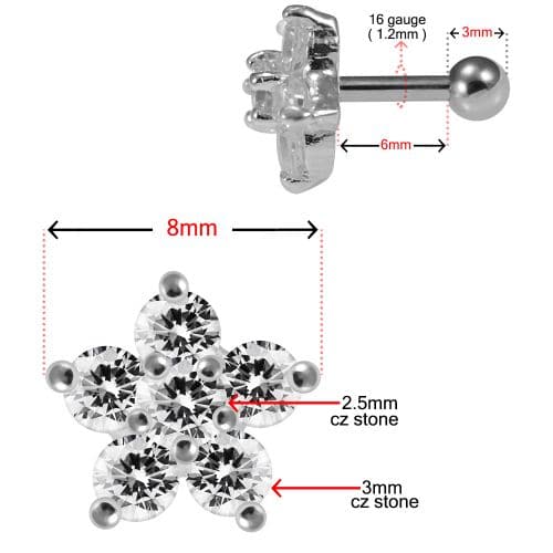 925 Sterling Silver CZ Jewelled Flower Cartilage Ear Stud - Monster Piercing