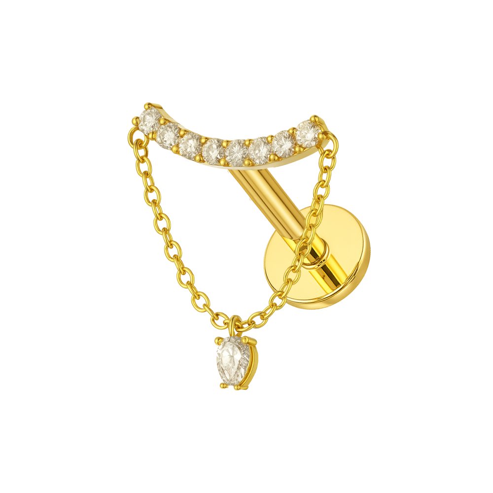 316L Surgical Steel Chain with Pear CZ Dangle Hidden Helix Flatback Stud