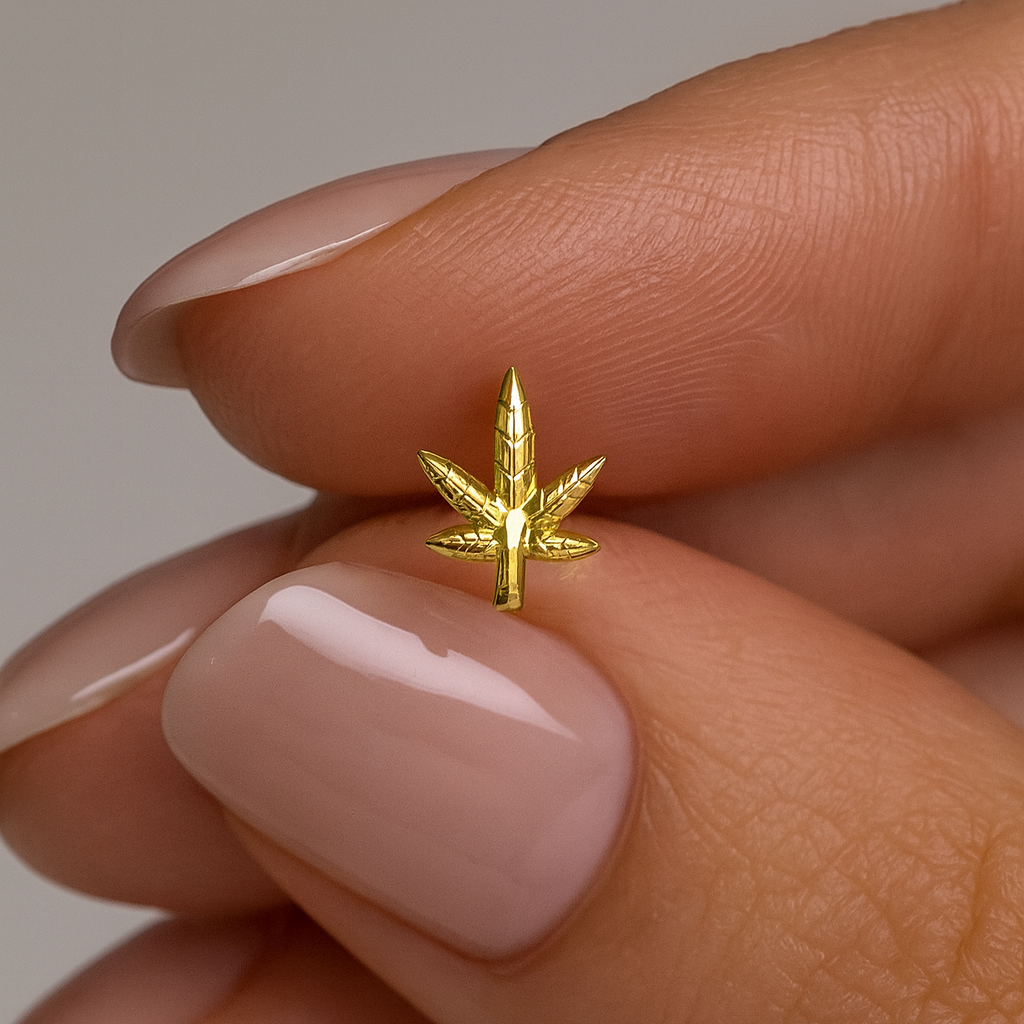 14K Gold  Marijuana Leaf and Bio Flex Nose Screw - Monster Piercing