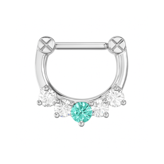 316L Surgical Steel Five Pronged White & Aqua CZs Septum Clicker Ring
