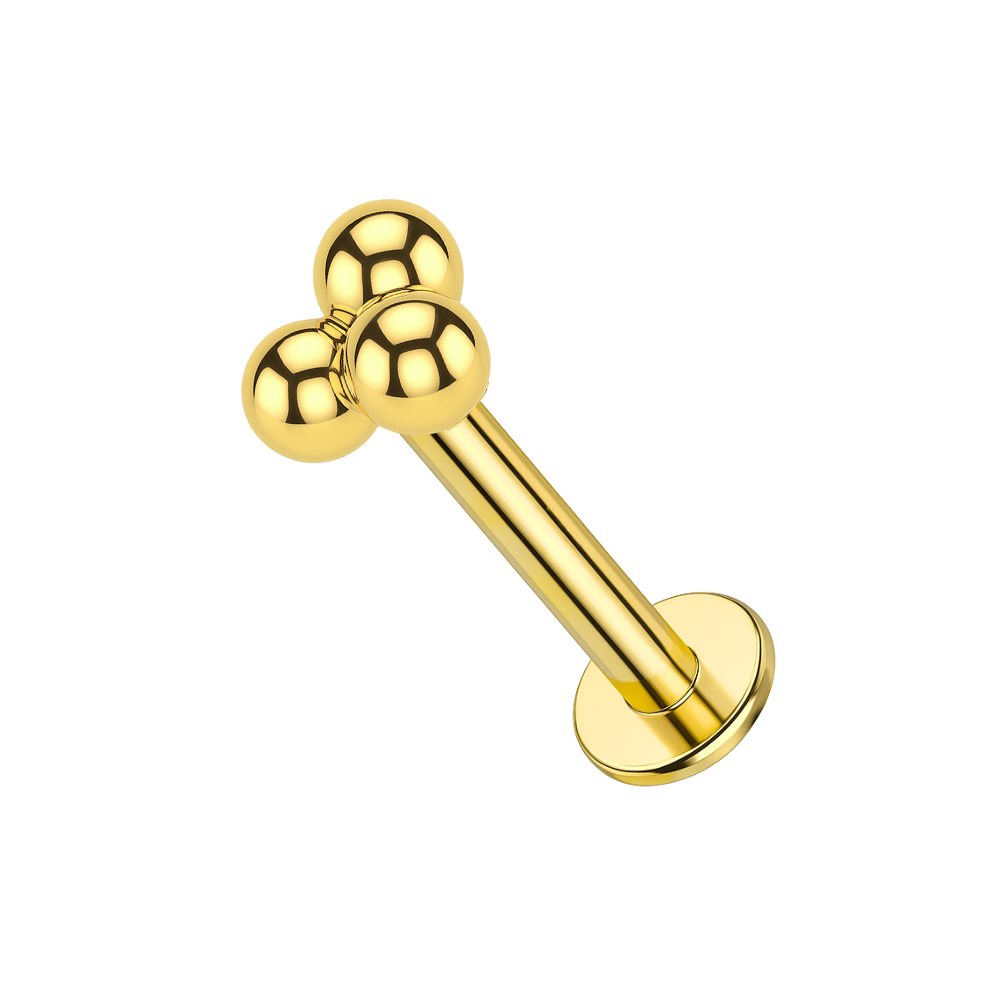 14K Gold Internally Threaded Trinity Balls Flatback Stud - Monster Piercing