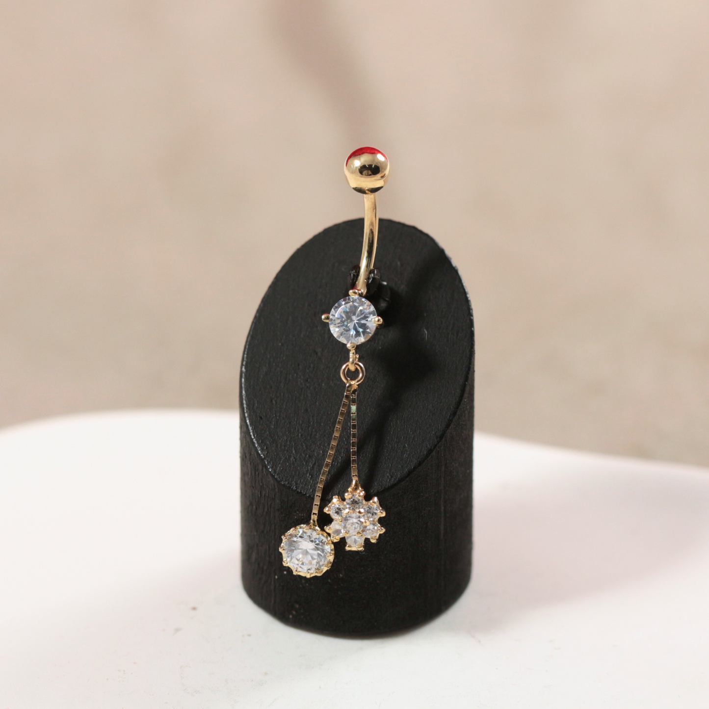 14K Gold Flower and CZ Jewelled Dangling Belly Ring - Monster Piercing