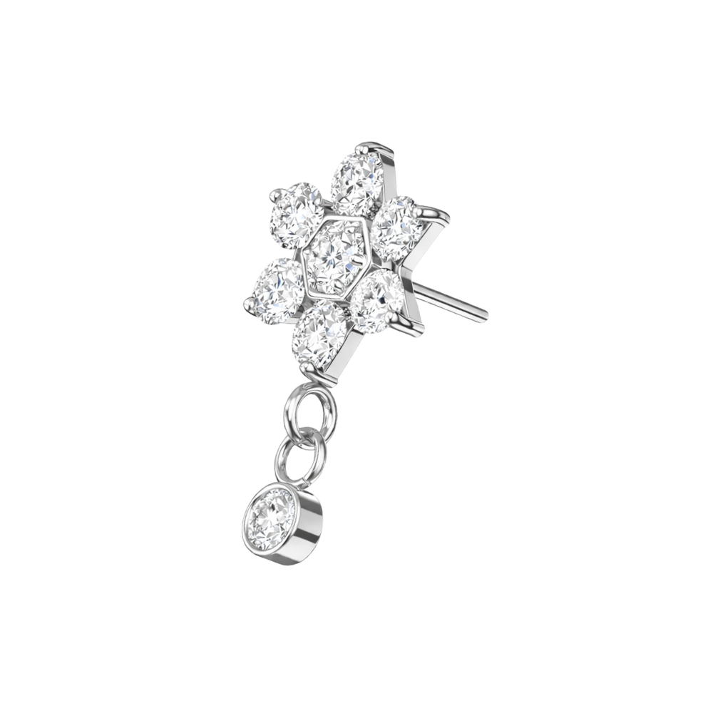 G23 Titanium Flower CZ Dangle Threadless Top in silver with a floral cluster of clear cubic zirconia and a single dangling gem. Ideal for cartilage or helix piercings.