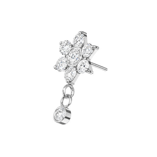 G23 Titanium Flower CZ Dangle Threadless Top in silver with a floral cluster of clear cubic zirconia and a single dangling gem. Ideal for cartilage or helix piercings.