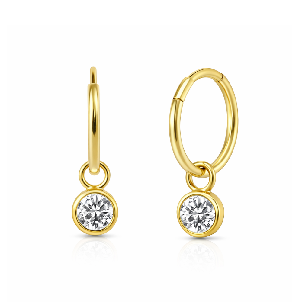 Gold-tone 925 sterling silver round CZ dangling fashion hoop earring featuring a sparkling cubic zirconia drop for a chic look.