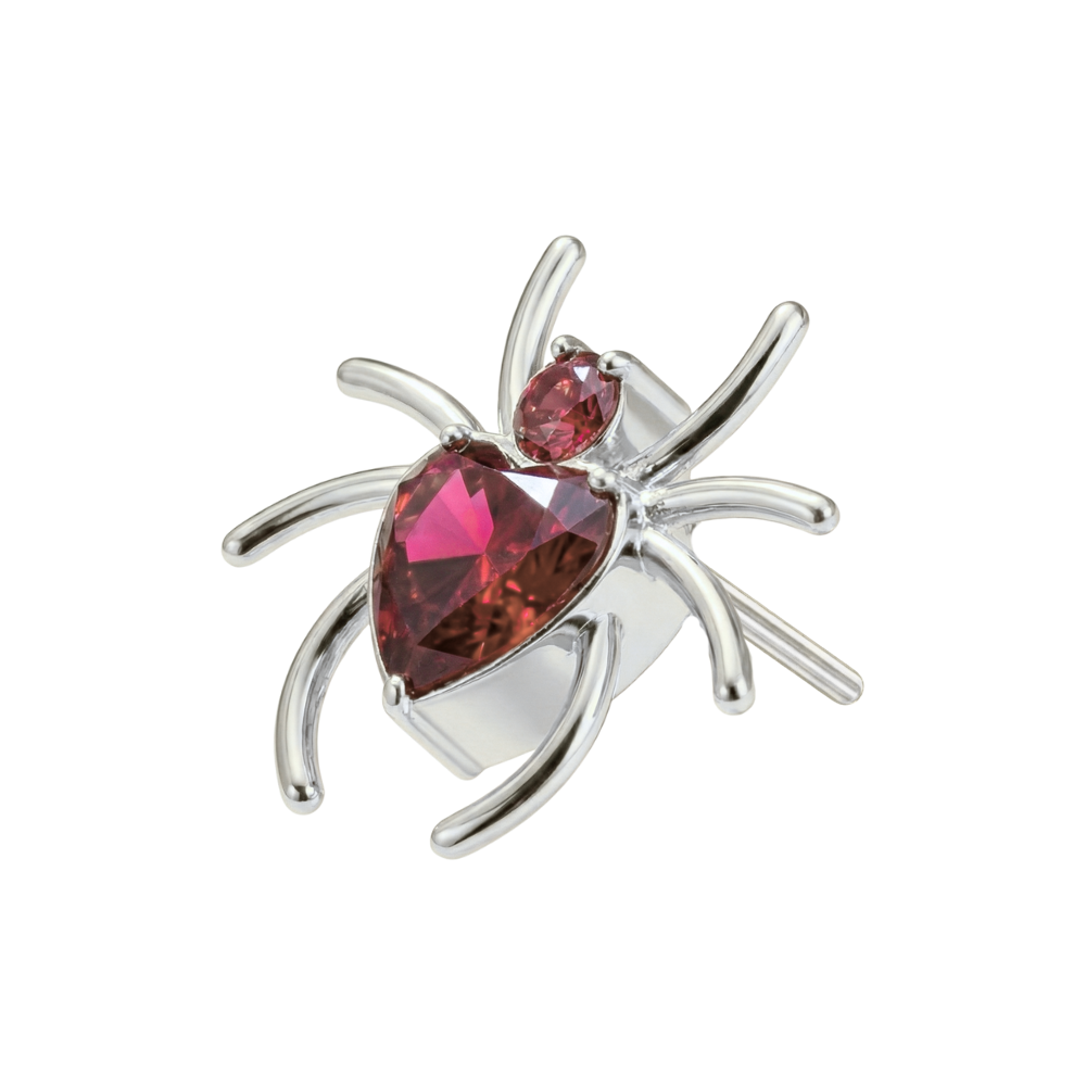 G23 Titanium Spider Heart Threadless Accessory Top in silver with red cubic zirconia heart and head, ideal for cartilage or helix piercings.