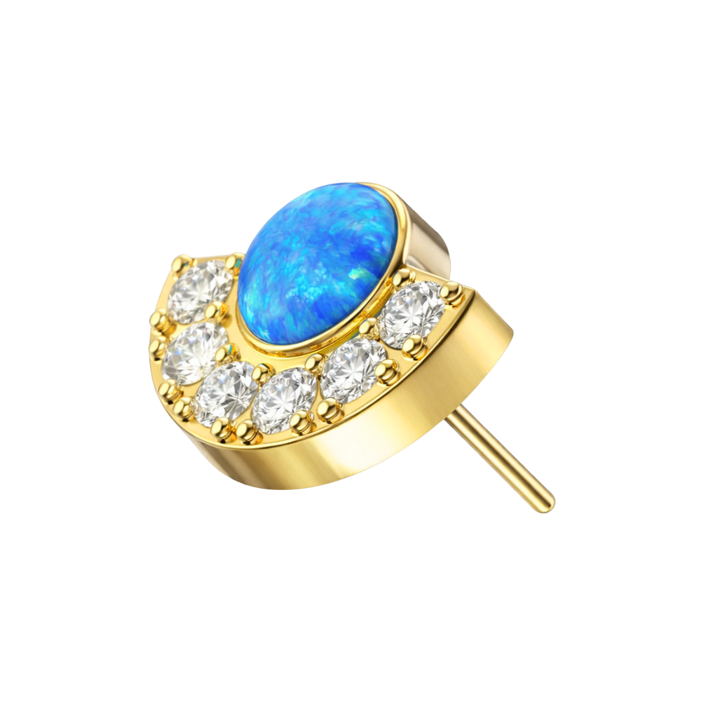 Gold G23 Titanium Crescent Threadless Top with vivid blue opal and CZ accents, a bold accessory for body jewelry collections.