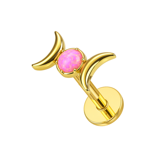 Gold G23 titanium flatback stud with pink opal and crescent moon design. Ideal for cartilage, tragus, or helix piercings.