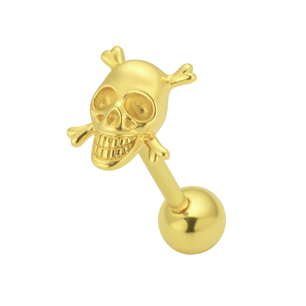 Gold-toned 925 Sterling Silver Crossbone Tongue Ring featuring a skull and crossbones design, ideal for edgy body jewelry lovers.