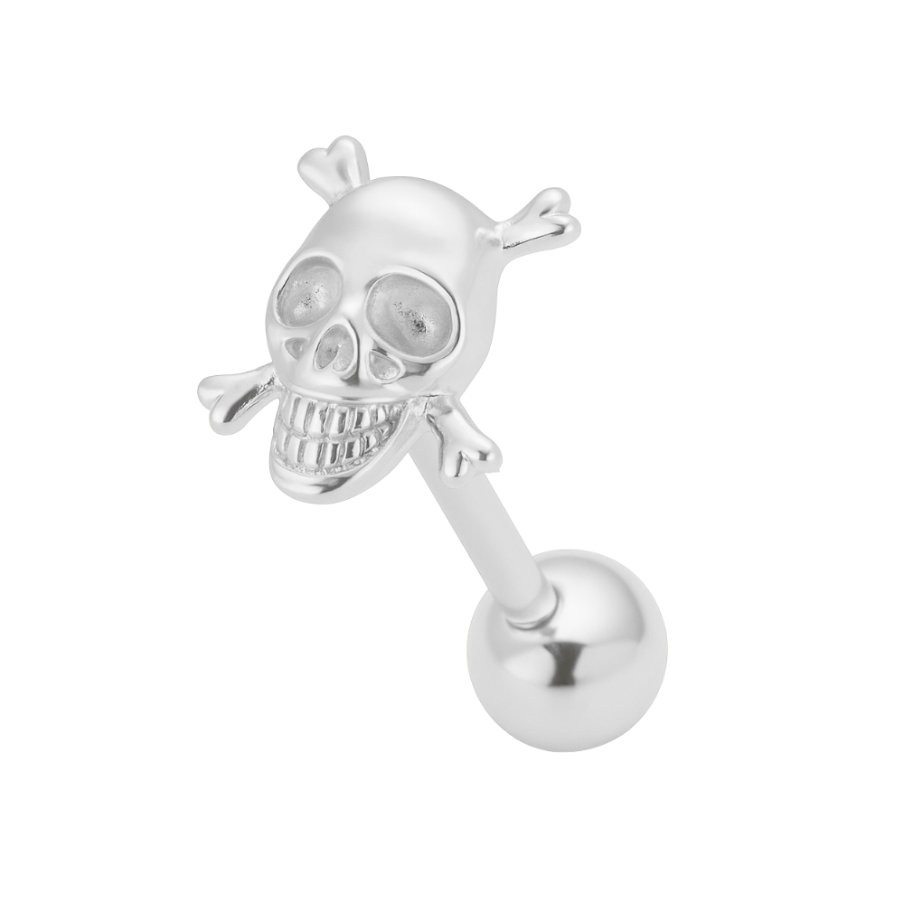 925 Sterling Silver Crossbone Tongue Ring in polished silver finish with skull and crossbones motif, perfect for Halloween or alternative fashion.