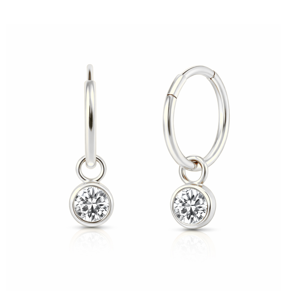 925 sterling silver round CZ dangling fashion hoop earring with bezel-set cubic zirconia charm, ideal for everyday elegance.