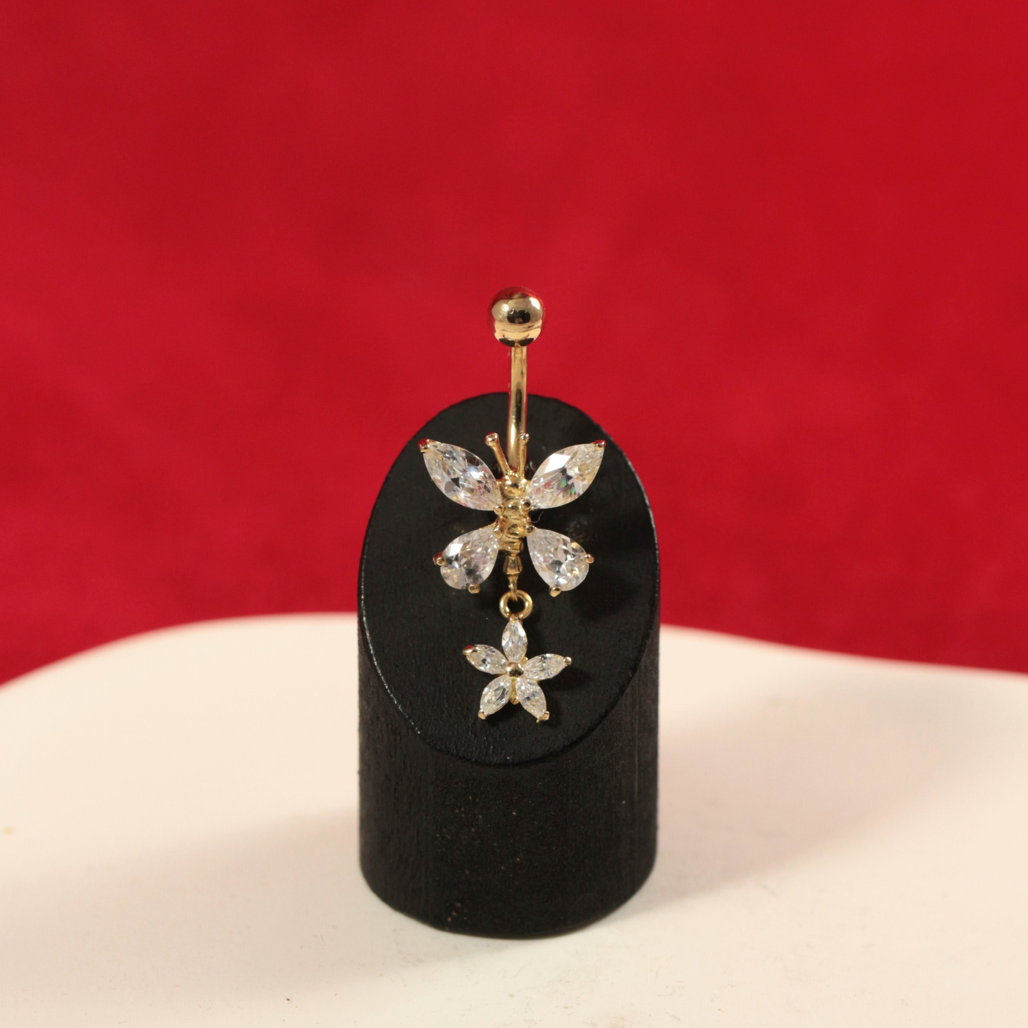 14K Gold Jewelled Dangling Butterfly Belly Ring - Monster Piercing