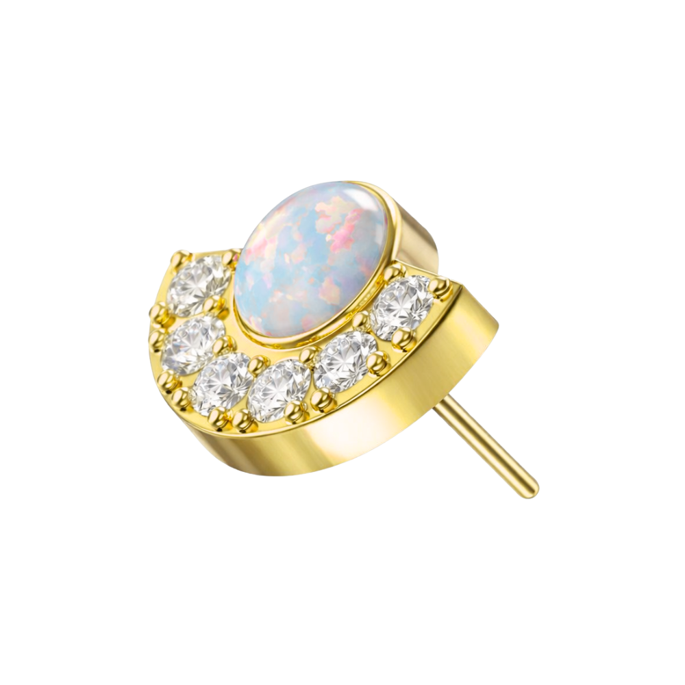 G23 Titanium Crescent Opal & CZ Threadless Top in gold with white opal and CZ stones, designed for elegant cartilage piercings.