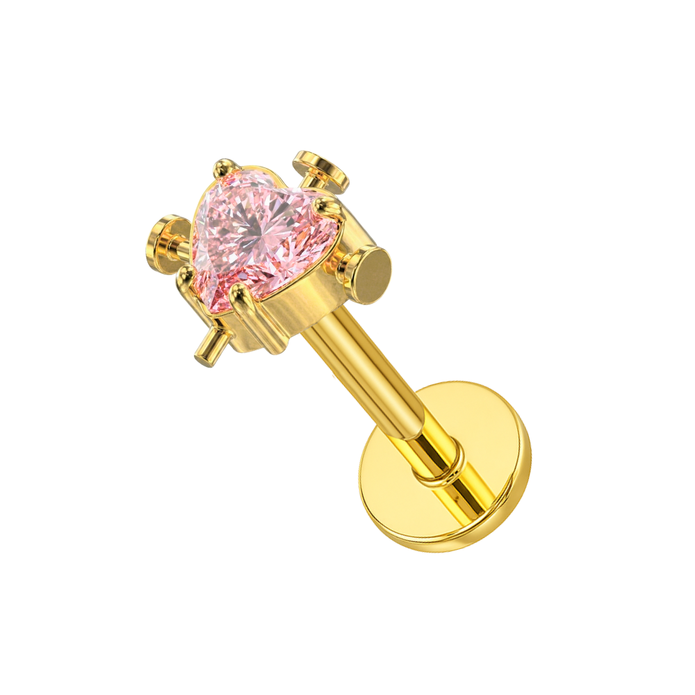 G23 titanium threadless labret stud with pink heart-shaped CZ in gold tone, ideal for cartilage, tragus, or helix piercings.