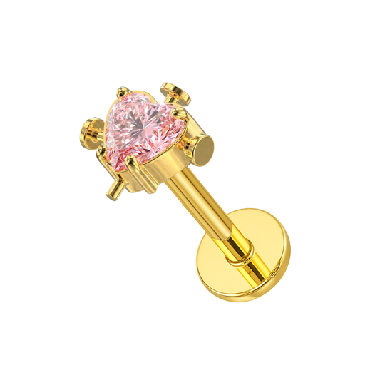 G23 titanium threadless labret stud with pink heart-shaped CZ in gold tone, ideal for cartilage, tragus, or helix piercings.