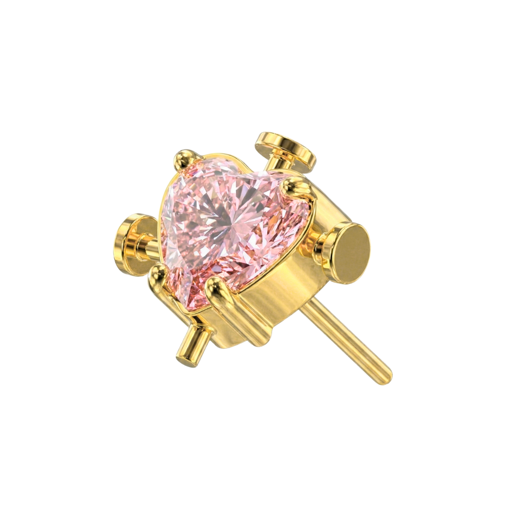 Gold G23 Titanium Pink Heart Threadless Labret Accessory Top featuring a pink cubic zirconia heart for flat back body jewelry styles.