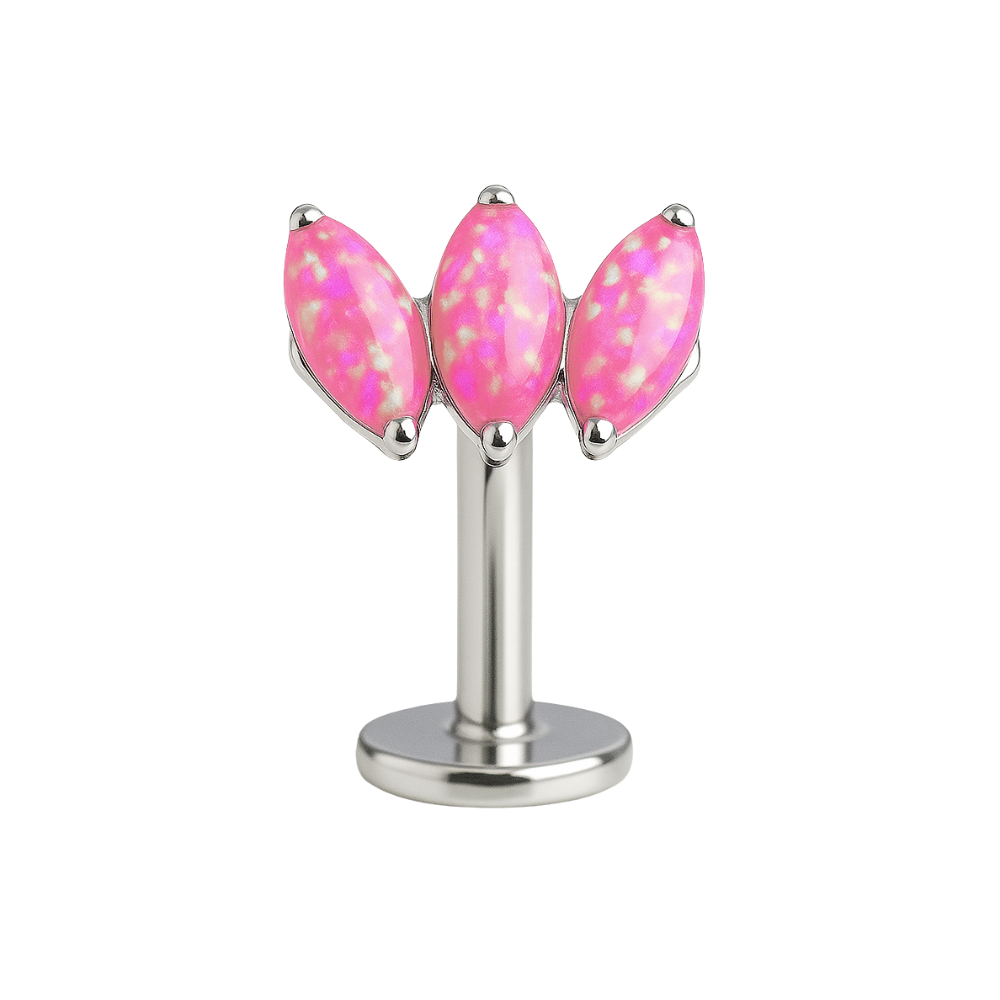 G23 titanium tri marquise opal jewelled threadless floating belly ring with vibrant pink opals in a sleek silver setting. Hypoallergenic and stylish.