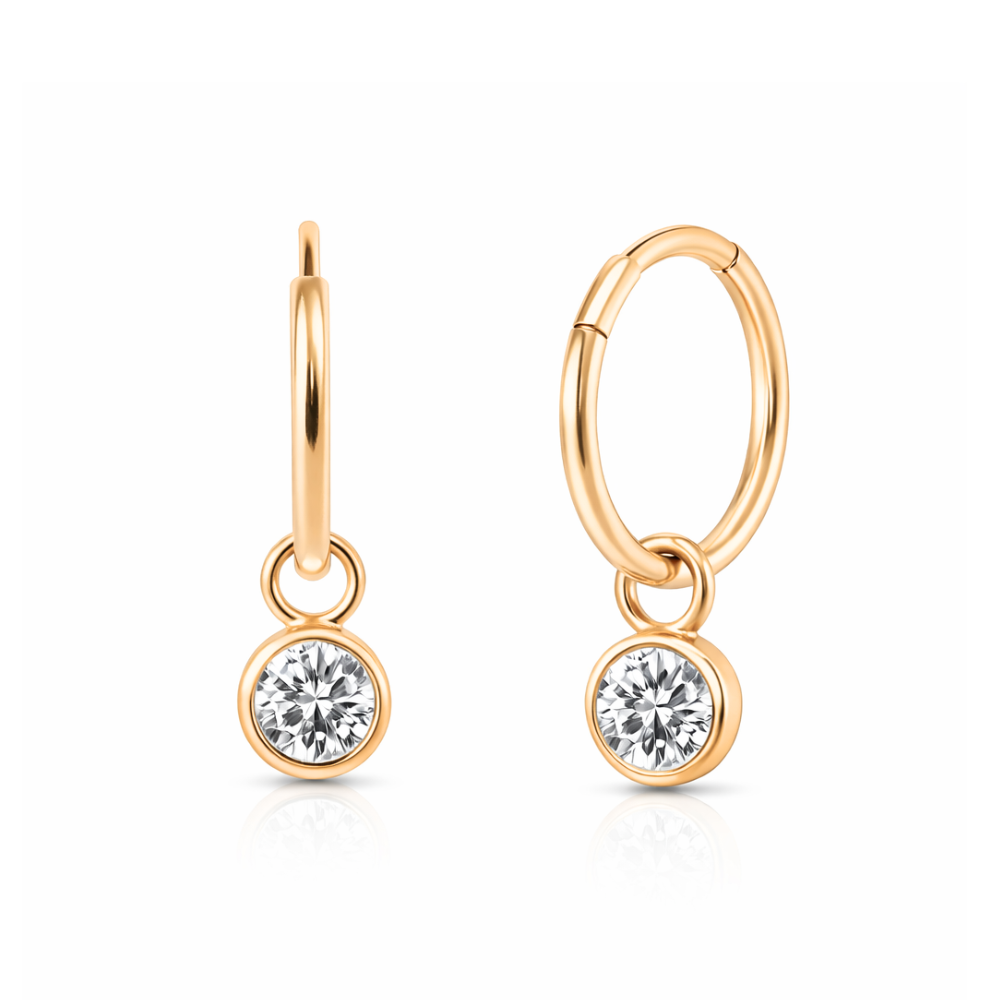Rose gold 925 sterling silver round CZ dangling fashion hoop earring with a brilliant-cut cubic zirconia charm for modern style.