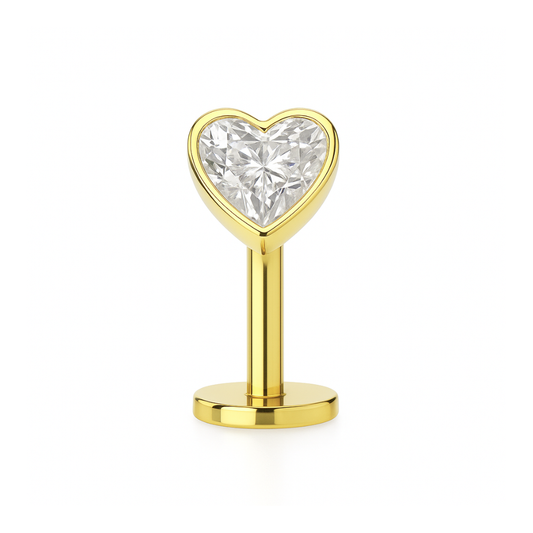 G23 Titanium Heart CZ Jewelled Threadless Floating Belly Ring in gold with a sparkling heart-shaped cubic zirconia gem. Hypoallergenic and stylish.