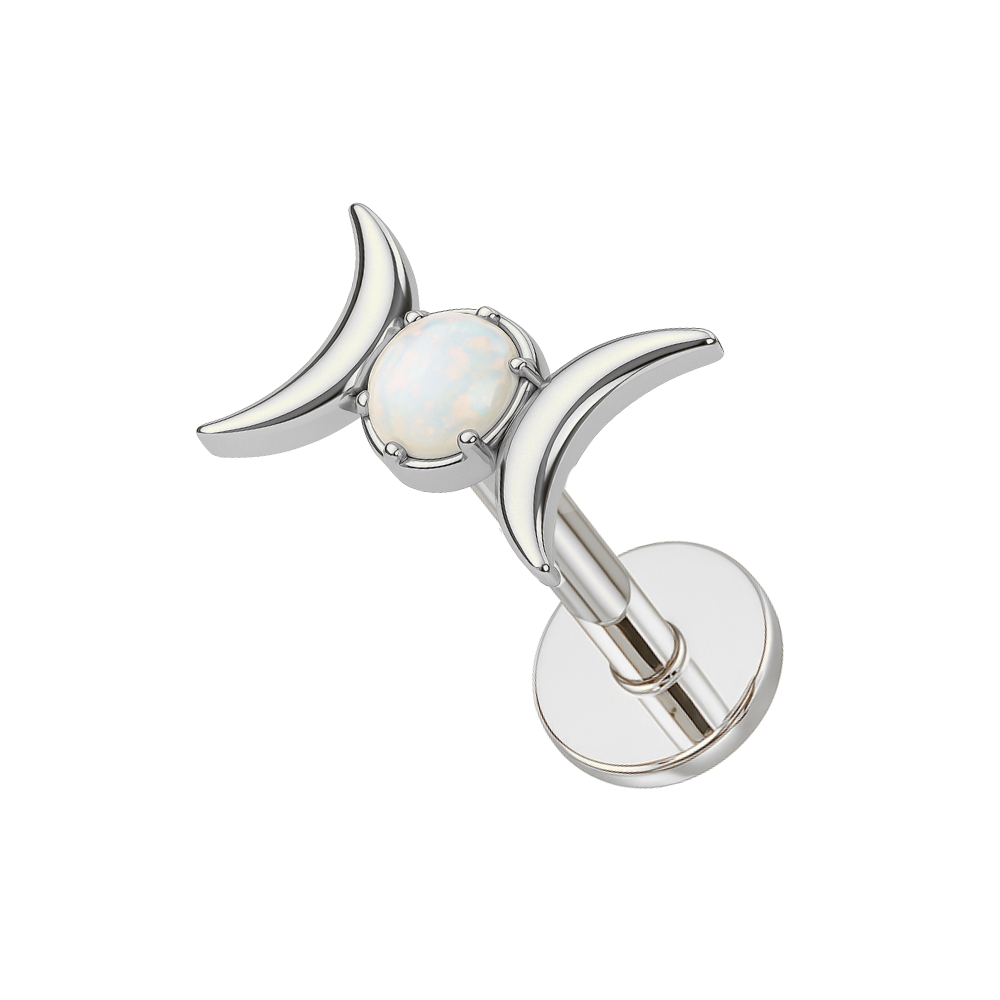 Silver G23 titanium opal moon phase flatback stud featuring a threadless push-fit style, ideal for celestial-themed cartilage or helix piercings.