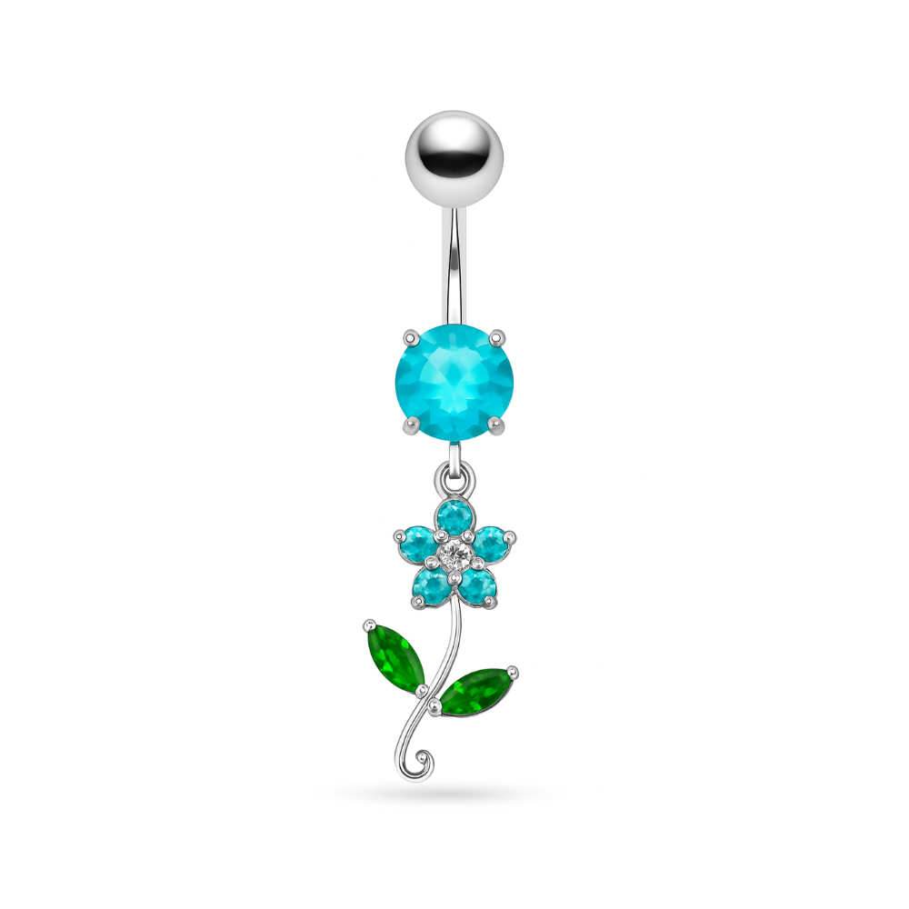 925 Sterling Silver Fancy Flower With Green Jewelled Leafs Dangling Navel Banana Bar Ring - Monster Piercing