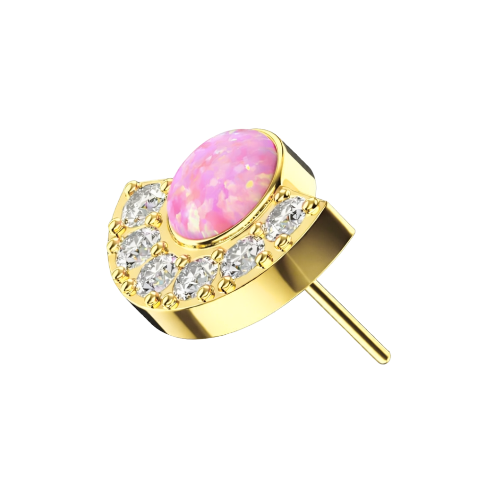 Gold G23 Titanium Crescent Threadless Top with pink opal and CZ gems, a vibrant and secure fit for helix or tragus piercings.