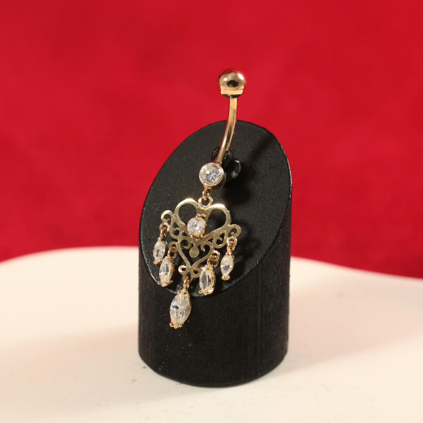 14K Gold Studded Heart Dangling Belly Ring - Monster Piercing