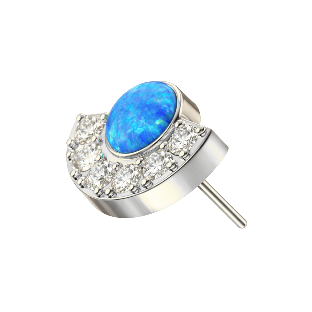 Silver G23 Titanium Crescent Threadless Top with electric blue opal and CZ crystals, a secure and stylish body jewelry piece.