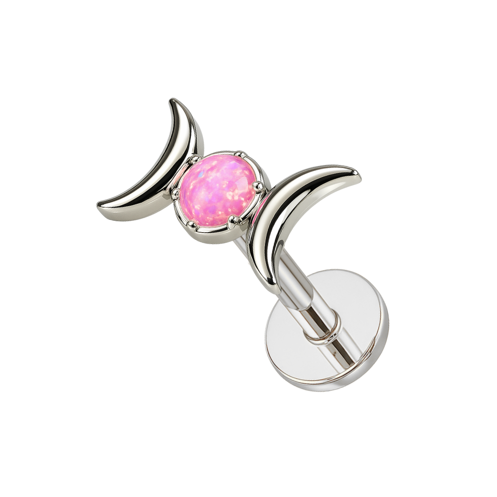 Silver G23 titanium threadless flatback stud featuring pink opal and dual moon crescents. Hypoallergenic and secure fit.