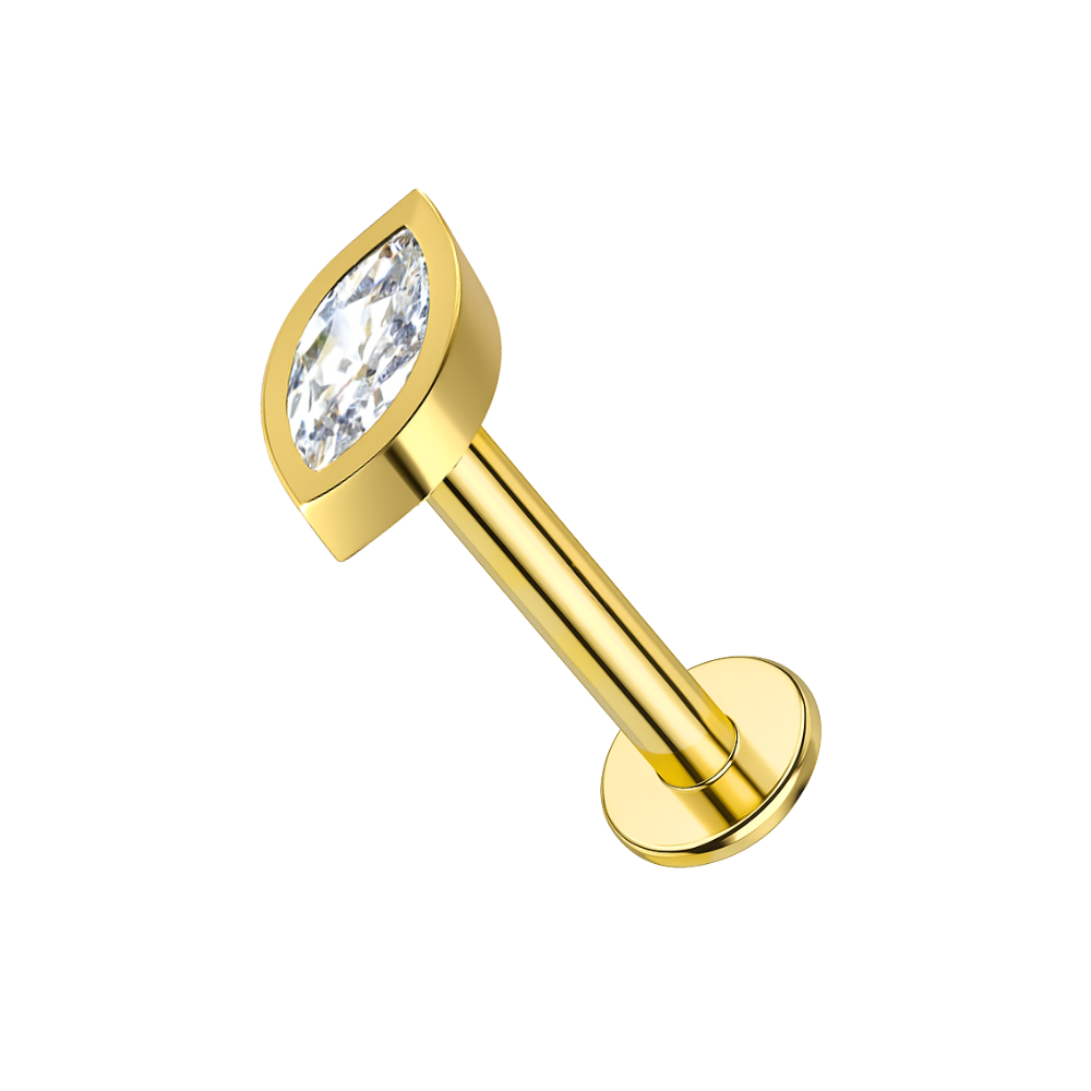 14K Gold Marquise CZ In Bezel Internal Threaded Flatback Stud - Monster Piercing