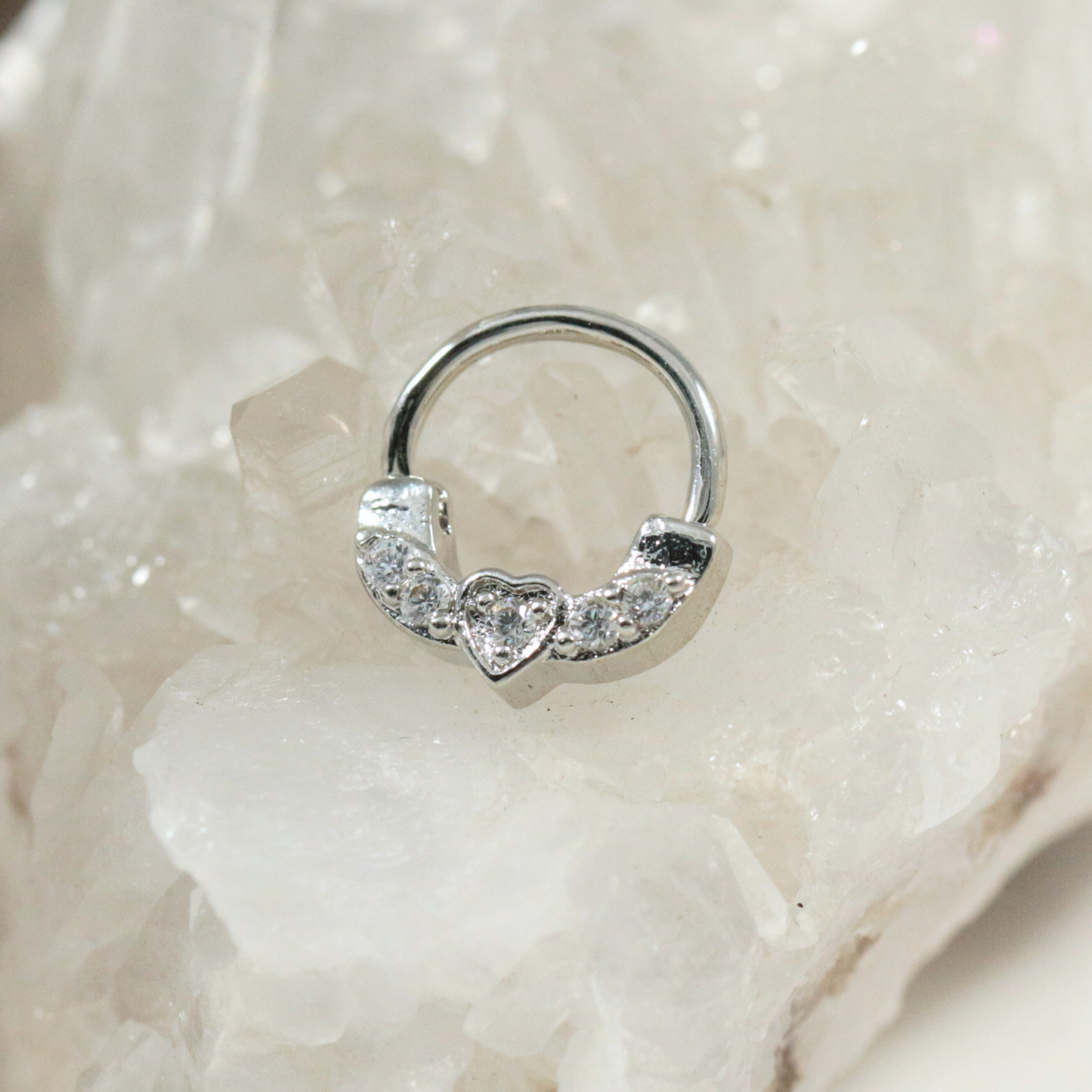 316L Surgical Steel Heart Pronged Crystal CZs Septum Clicker - Monster Piercing