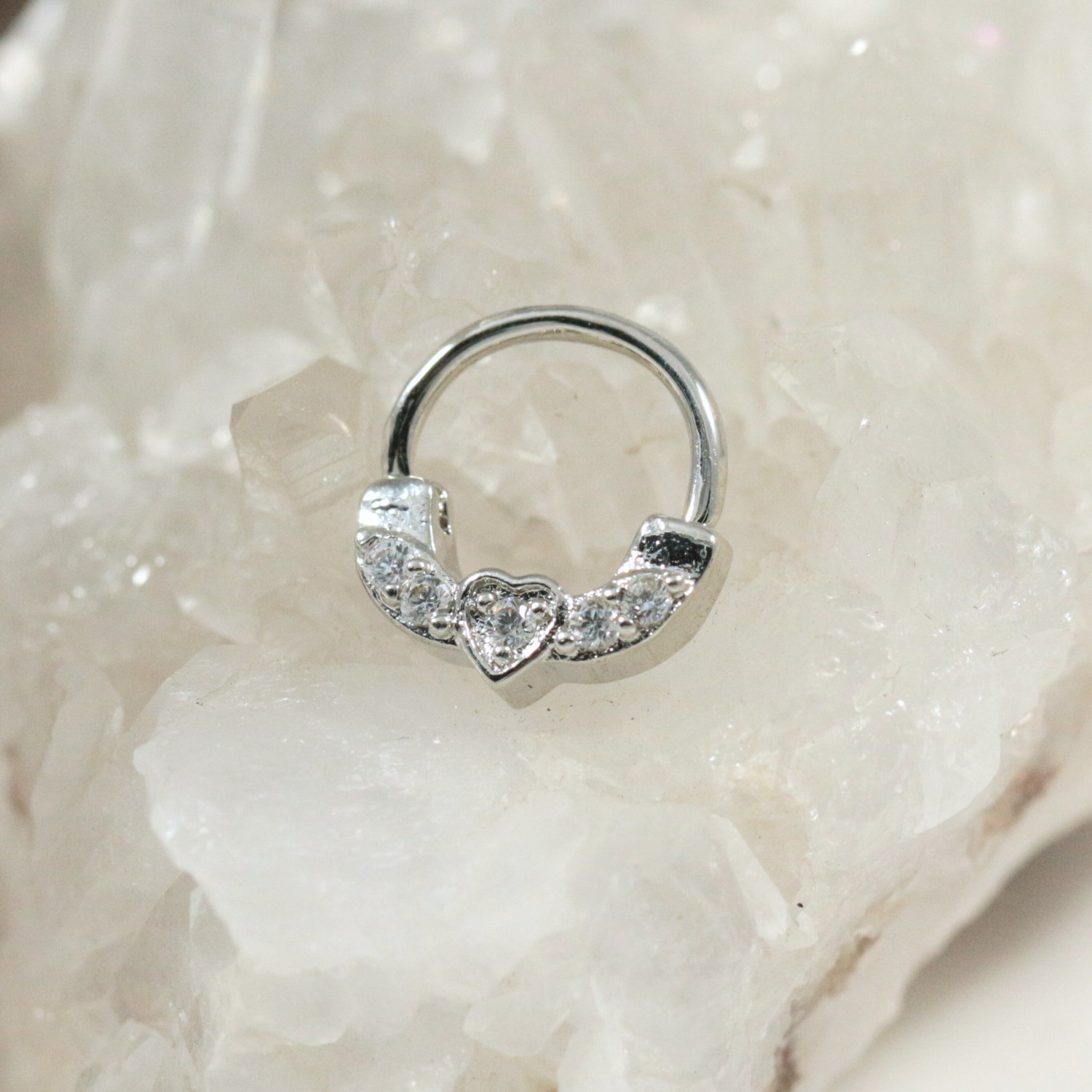 316L Surgical Steel Heart Pronged Crystal CZs Septum Clicker - Monster Piercing