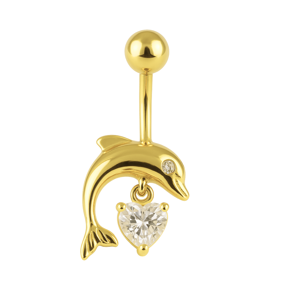 14ct gold jewelled dolphin belly ring featuring a cubic zirconia heart charm, perfect for whimsical and luxurious belly button jewelry collections.