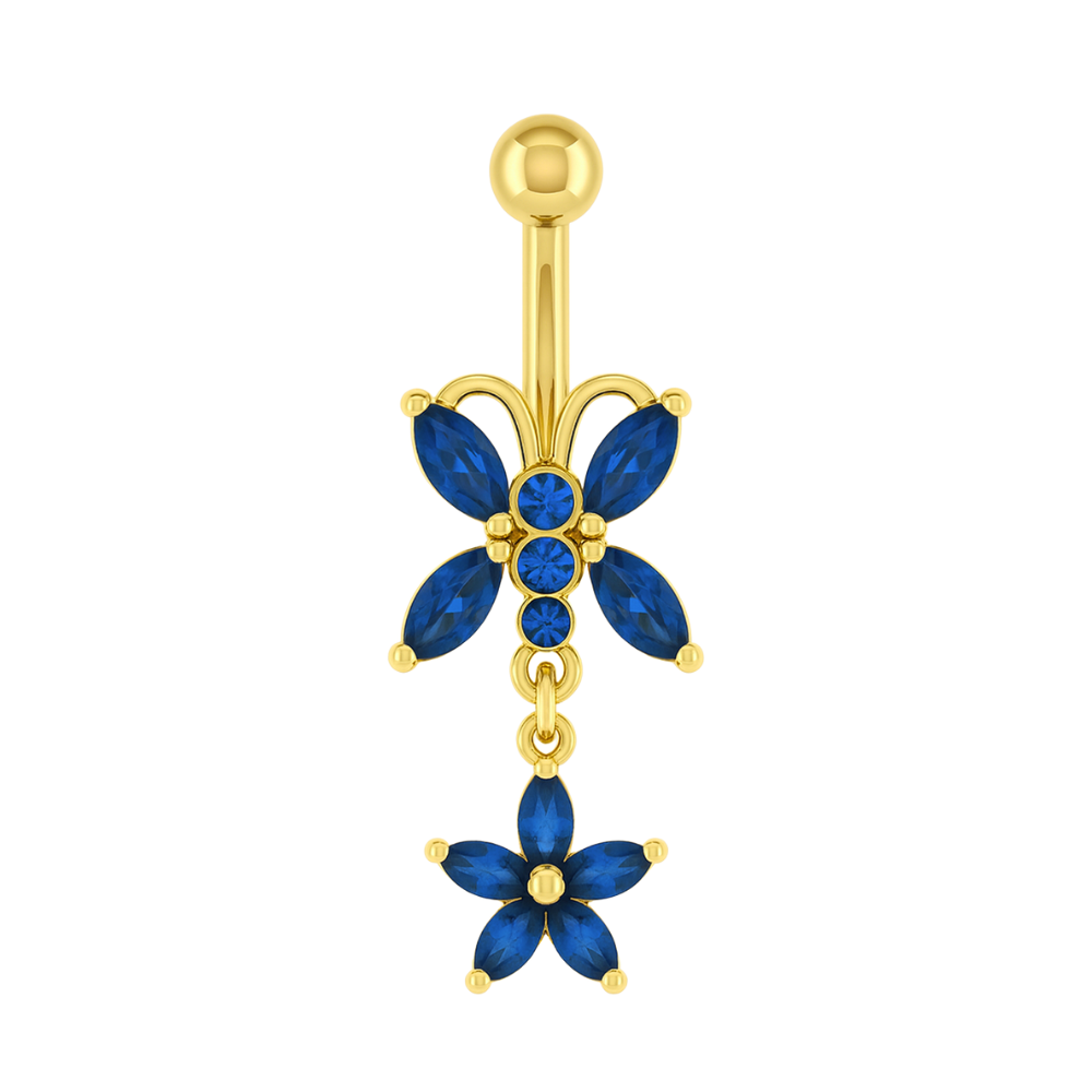 14K Gold Blue Studded Butterfly Belly Ring with cubic zirconia stones in a floral butterfly design, perfect for elegant navel piercings.