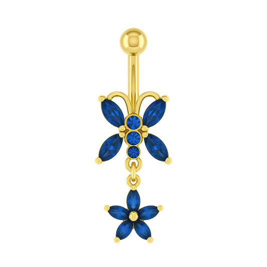 14K Gold Blue Studded Butterfly Belly Ring with cubic zirconia stones in a floral butterfly design, perfect for elegant navel piercings.