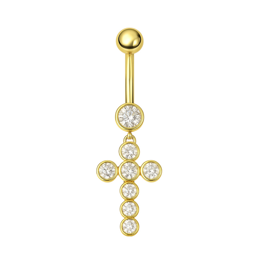 14K Gold Dangling Studded Cross Belly Ring