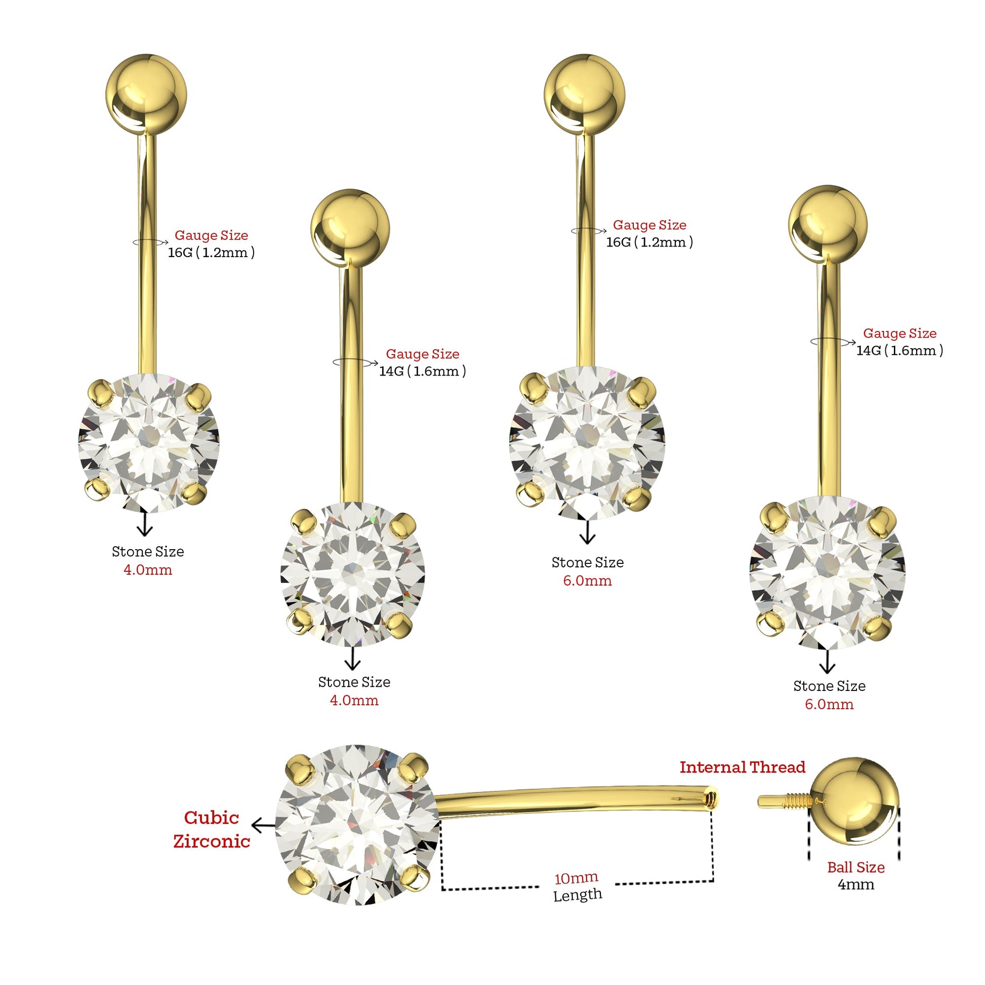 14K Gold Round CZ Jewelled Internally Threaded Belly Ring - Monster Piercing