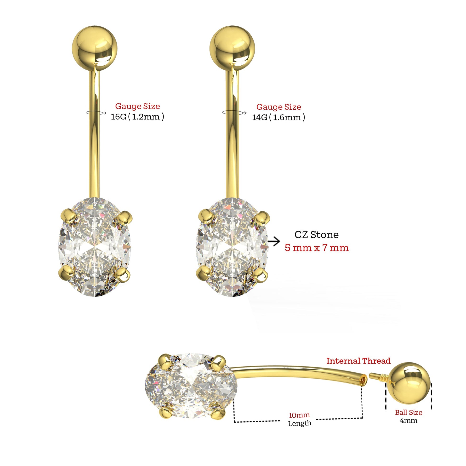 14K Gold Oval CZ Jewelled Internally Threaded Belly Ring - Monster Piercing