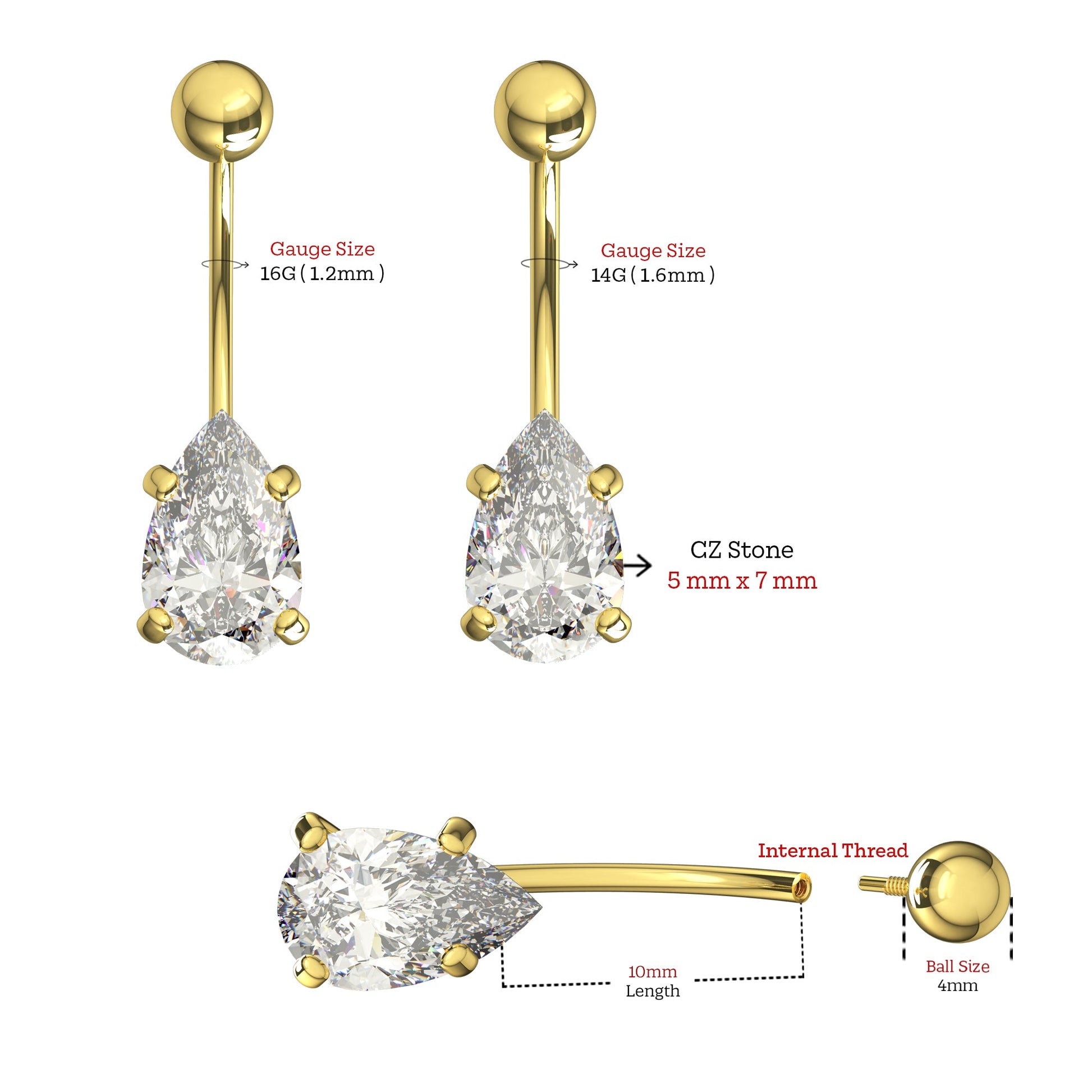 14K Gold Pear CZ Jewelled Internally Threaded Belly Ring - Monster Piercing