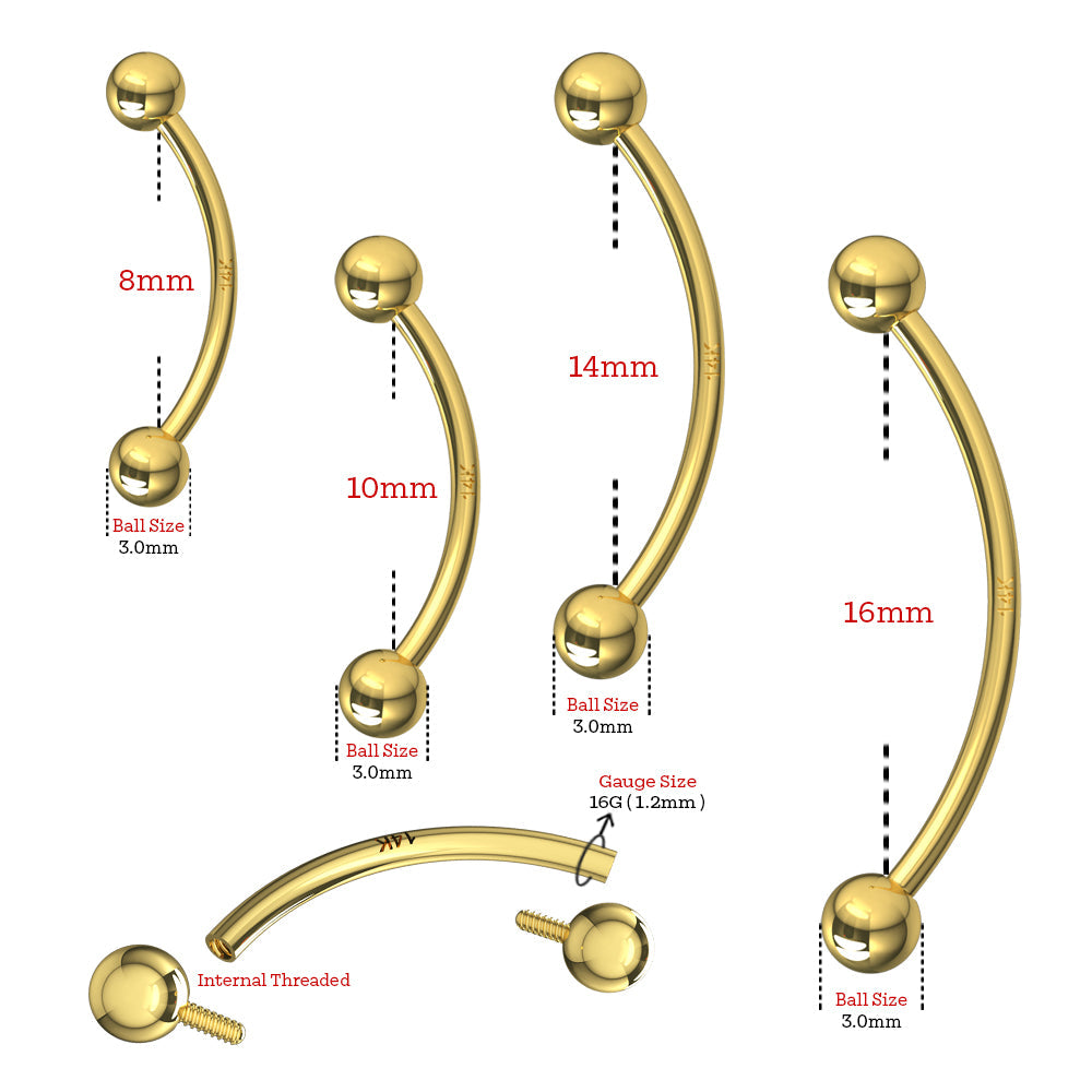 14K Gold Internally Threaded Eyebrow Piercing Bar - Monster Piercing