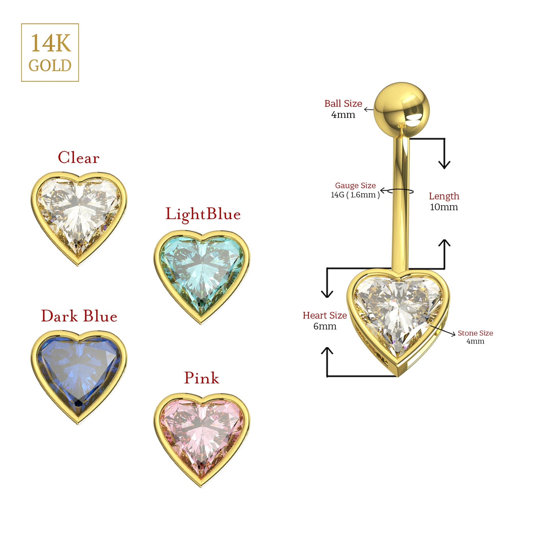 14K Gold Studded Heart Belly Ring - Monster Piercing