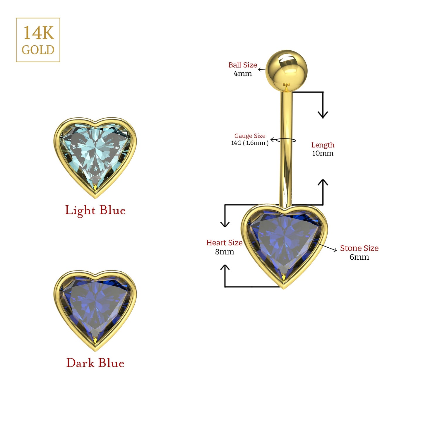 14K Gold Jewelled Heart Belly Ring - Monster Piercing