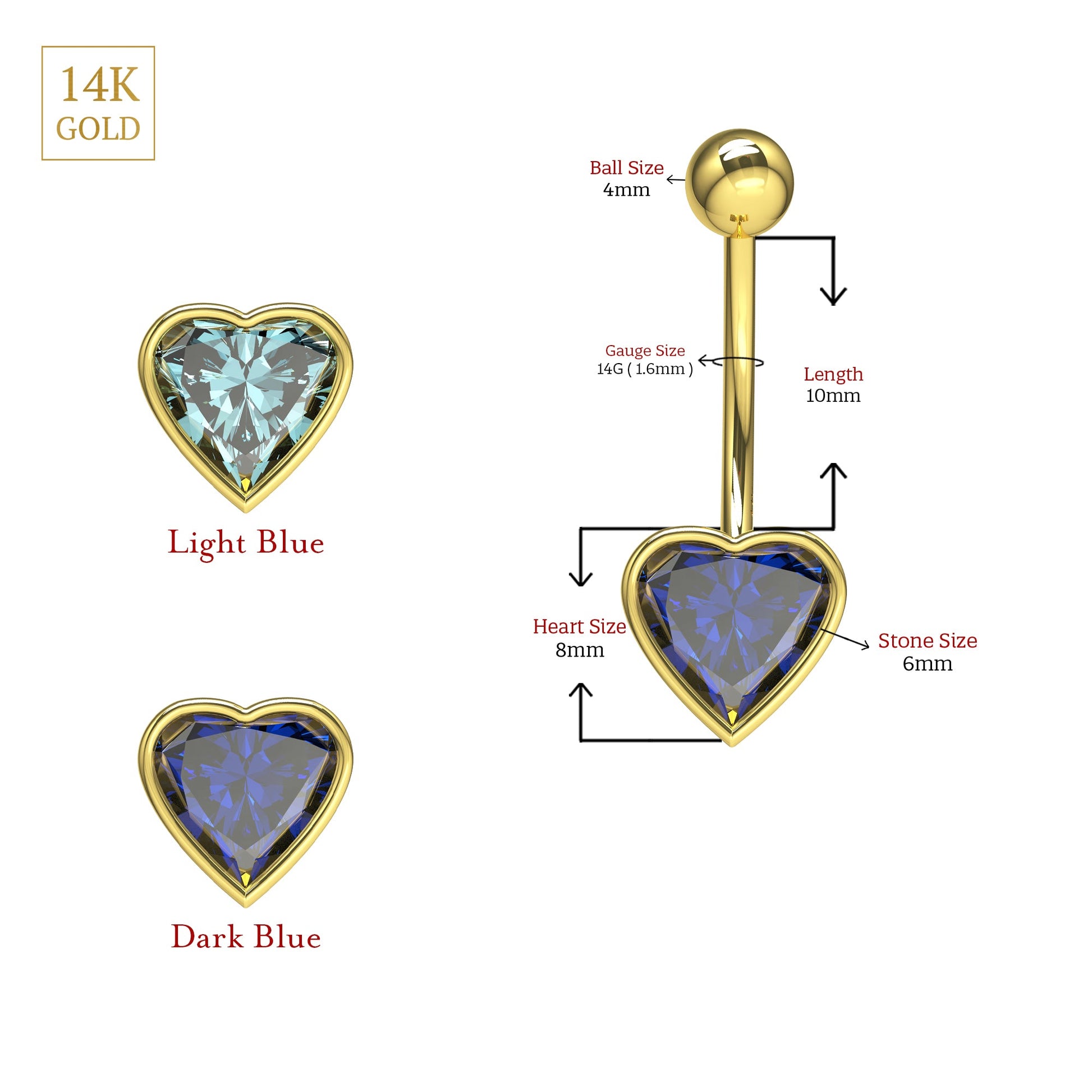 14K Gold Jewelled Heart Belly Ring - Monster Piercing