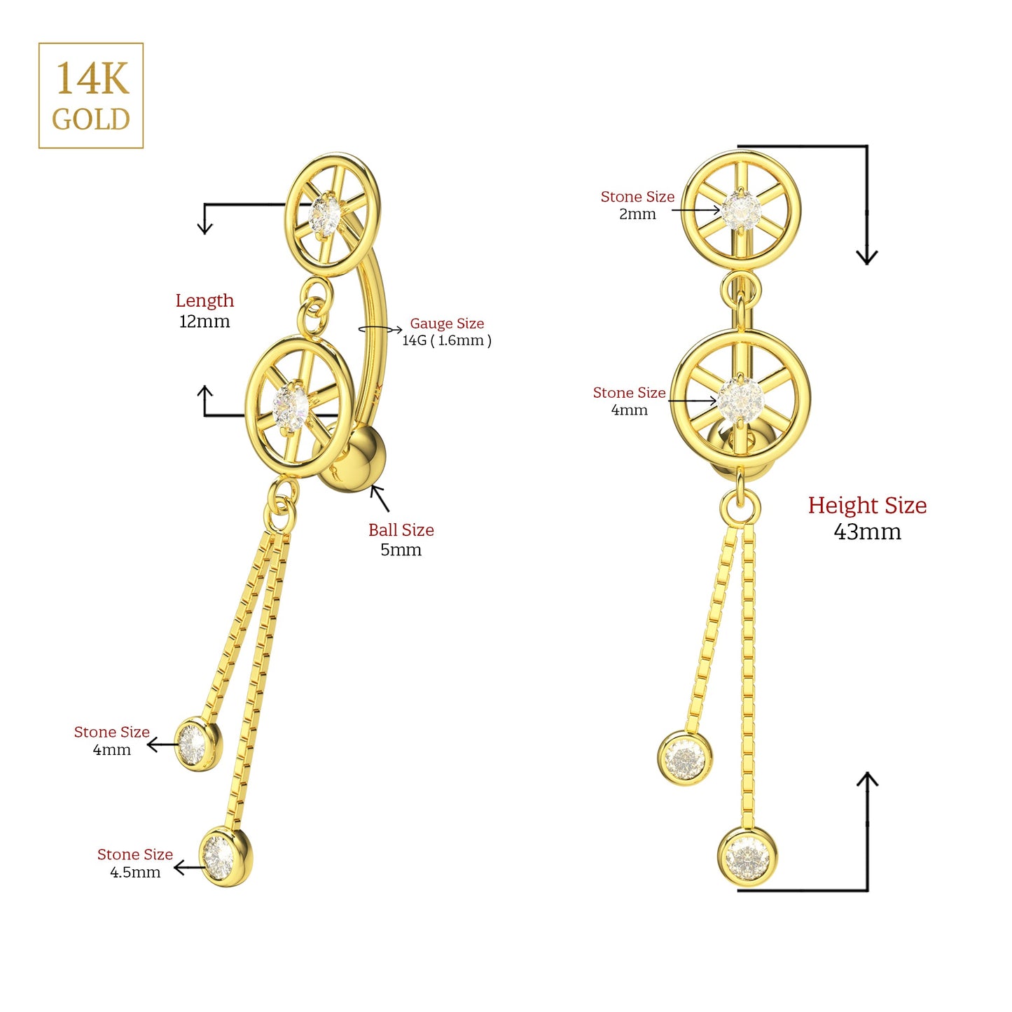 14K Gold CZ Jewelled Double Wheeled Danglers Belly Ring - Monster Piercing